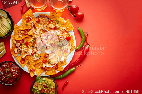 Image of A plate of delicious tortilla nachos with melted cheese sauce, grilled chicken