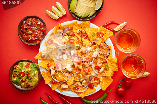 Image of A plate of delicious tortilla nachos with melted cheese sauce, grilled chicken