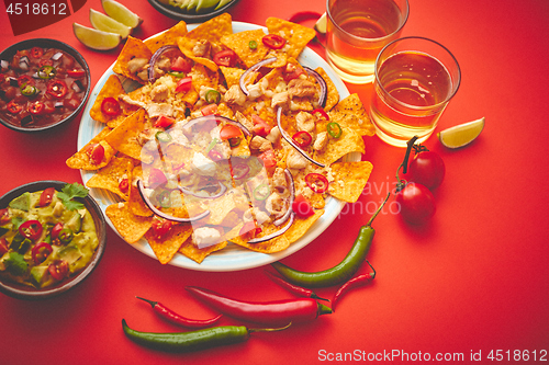 Image of A plate of delicious tortilla nachos with melted cheese sauce, grilled chicken