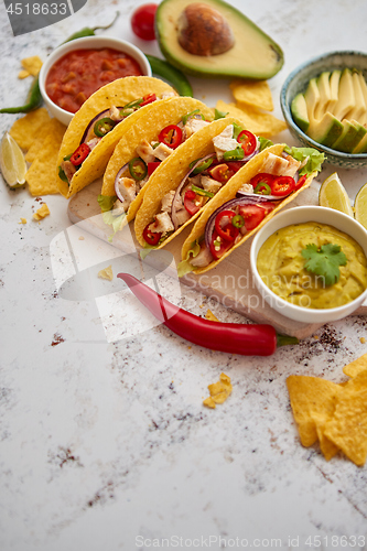 Image of Tasty Mexican meat tacos served with various vegetables and salsa