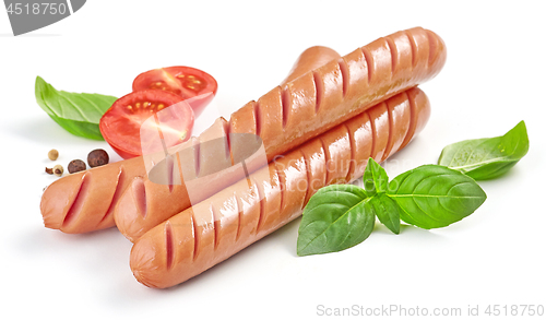 Image of grilled sausages on white background