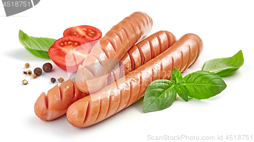 Image of grilled sausages on white background