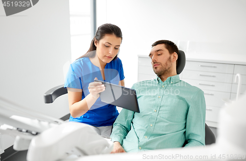 Image of dentist and patient with tablet pc at clinic