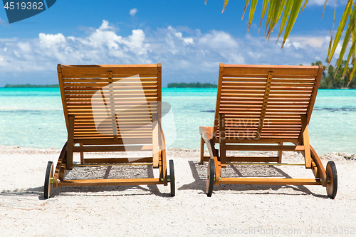 Image of tropical beach with palm tree and sunbeds