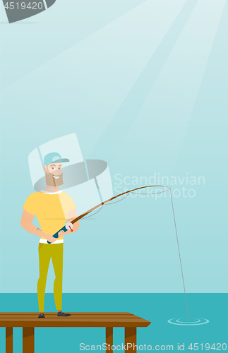 Image of Young caucasian man fishing on jetty.