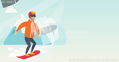 Image of Young caucasian man snowboarding.