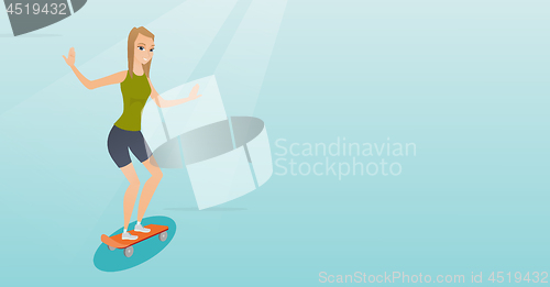 Image of Young caucasian woman riding skateboard.