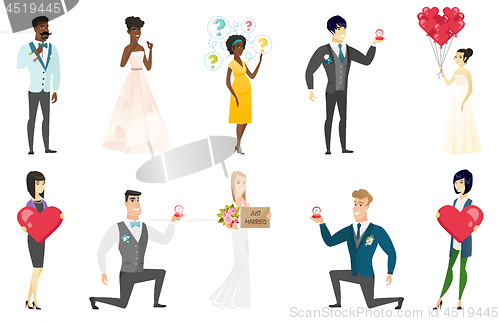 Image of Bride and groom vector illustrations set.