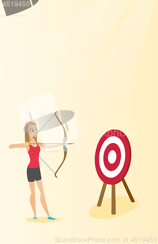 Image of Sportswoman aiming with a bow and arrow at target.