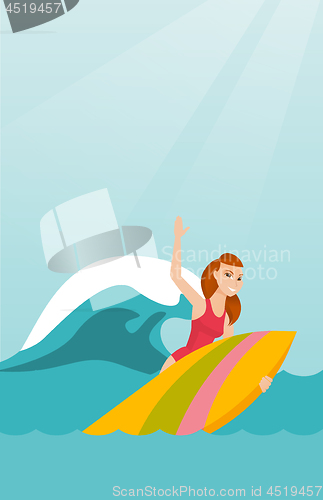 Image of Young caucasian surfer in action on a surfboard.