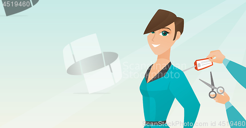 Image of Caucasian woman cutting price tag off new jacket.