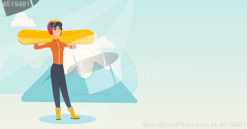 Image of Young caucasian sportswoman holding skis.