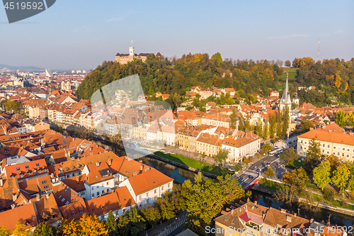 Image of Cityscape of Ljubljana, capital of Slovenia in warm afternoon sun.