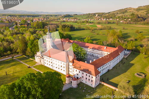 Image of Aerial view of Cistercian monastery Kostanjevica na Krki, homely appointed as Castle Kostanjevica, Slovenia, Europe