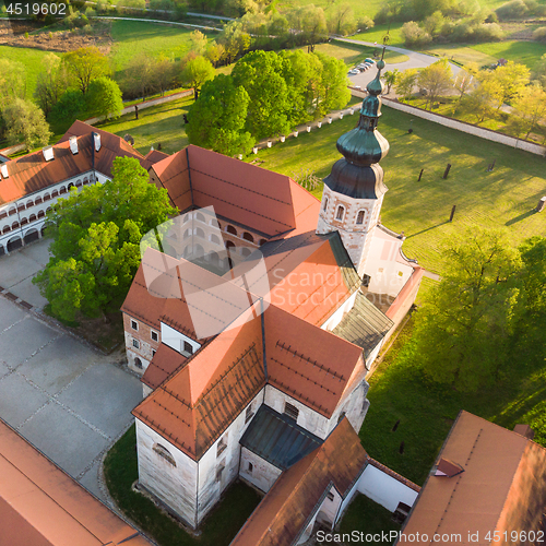 Image of Aerial view of Cistercian monastery Kostanjevica na Krki, homely appointed as Castle Kostanjevica, Slovenia, Europe