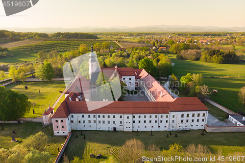 Image of Aerial view of Cistercian monastery Kostanjevica na Krki, homely appointed as Castle Kostanjevica, Slovenia, Europe