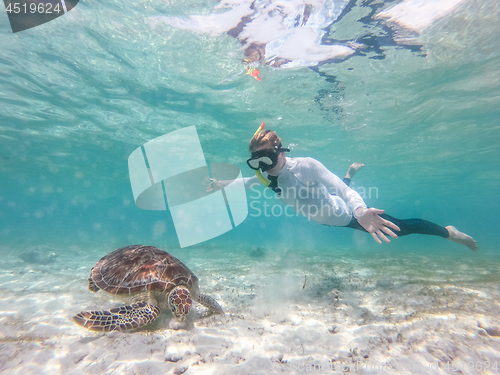 Image of Woman on vacations wearing snokeling mask swimming with sea turtle in turquoise blue water of Gili islands, Indonesia. Underwater photo.