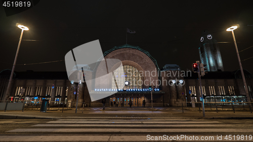 Image of Pedestrian crossing leading to Helsinki Central railway station, night view