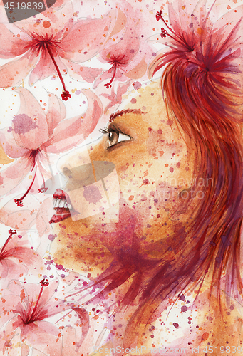 Image of Grunge abstract woman portrait over flowery background