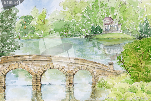 Image of Stourhead Garden. The Palladian Bridge and Pantheon. Stourhead, 