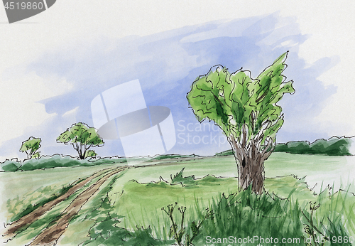 Image of Landscape with tree and rural road. Loose sketch.