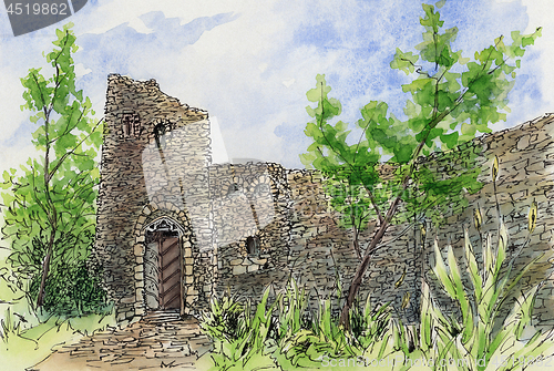 Image of Garden with picturesque ruin. Loose sketch.