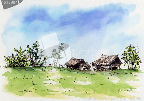 Image of Thai village. Loose sketch.