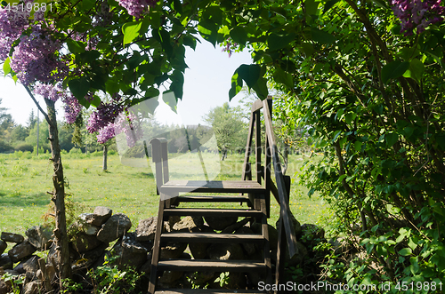 Image of Wooden stile crossing a dry stone wall in a rural landscape by s