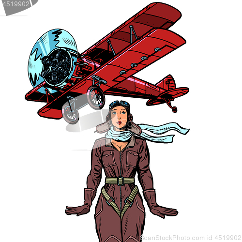 Image of woman pilot of a vintage biplane airplane. isolate on white background
