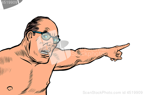 Image of an angry man with a naked torso points. isolate on white background
