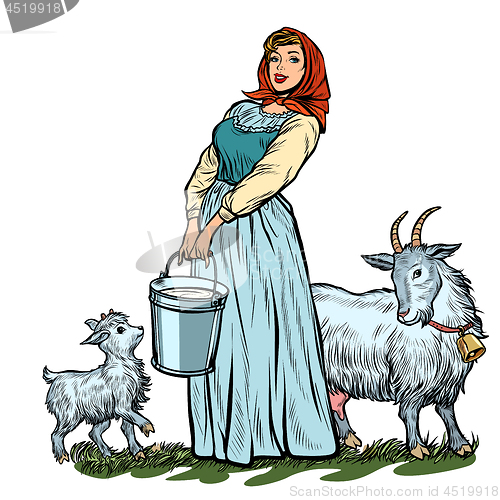 Image of a village woman with bucket of milk goats isolate on white background