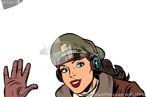 Image of girl woman retro Aviator pilot welcome gesture