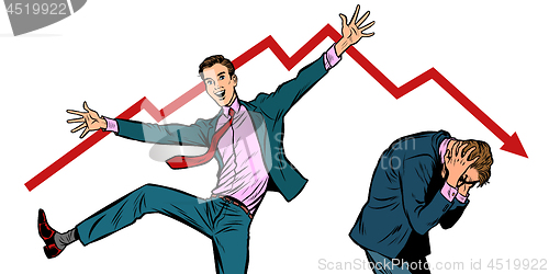 Image of two businessmen. different emotions bankruptcy stock market crash