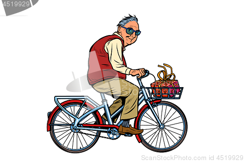 Image of an old man with a gift, riding a Bicycle