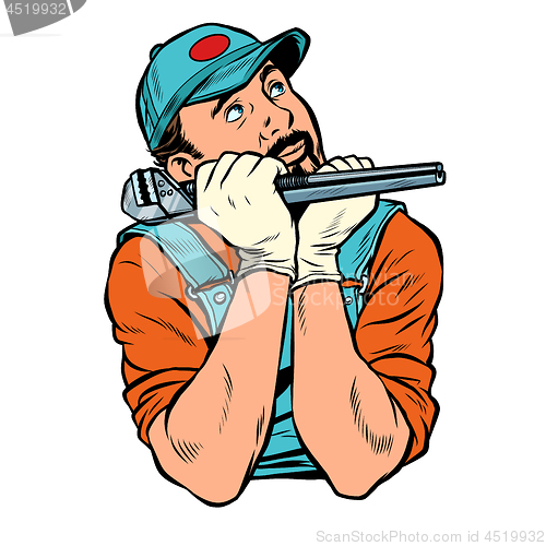 Image of plumber with wrench dreamer thinks. isolate on white background