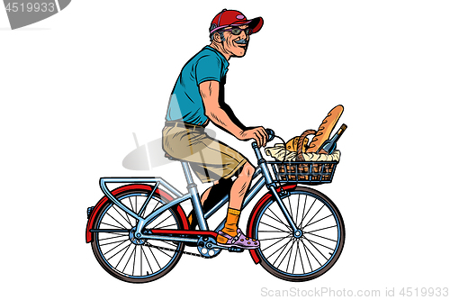 Image of old man on bike with shopping food