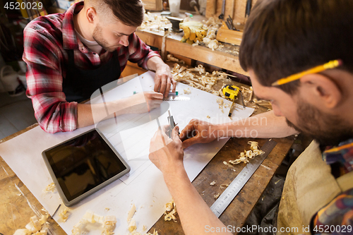 Image of carpenters with blueprint and dividers at workshop