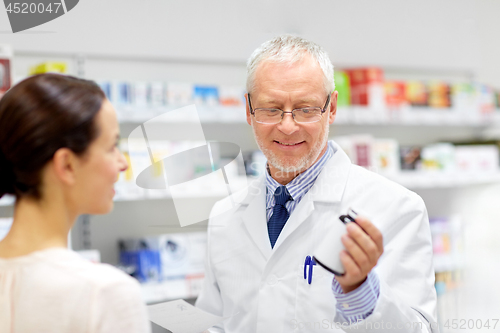 Image of apothecary and woman with drug at pharmacy