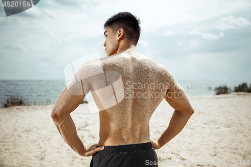 Image of Young healthy man athlete doing squats at the beach