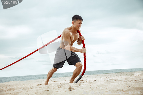 Image of Young healthy man athlete doing squats at the beach