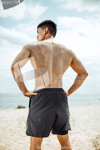 Image of Young healthy man athlete doing squats at the beach