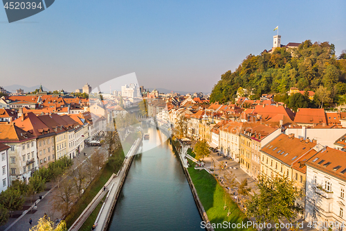 Image of Cityscape of Ljubljana, capital of Slovenia in warm afternoon sun.