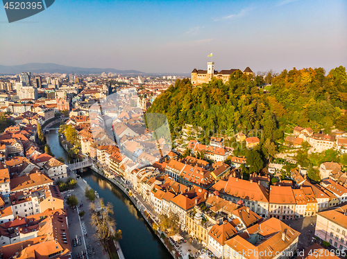 Image of Cityscape of Ljubljana, capital of Slovenia in warm afternoon sun.