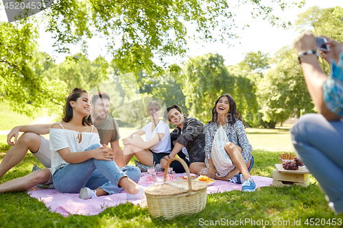 Image of man photographing friends by smartphone at picnic