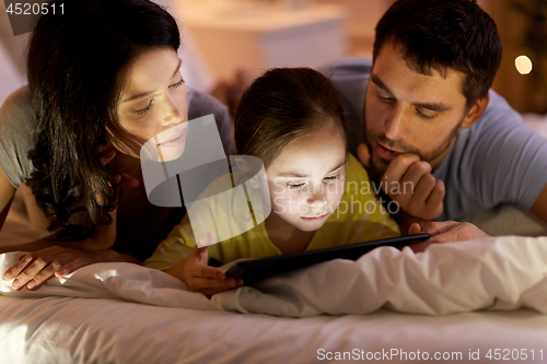 Image of family with tablet pc in bed at night at home