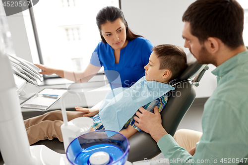 Image of female dentist with kid patient at dental clinic