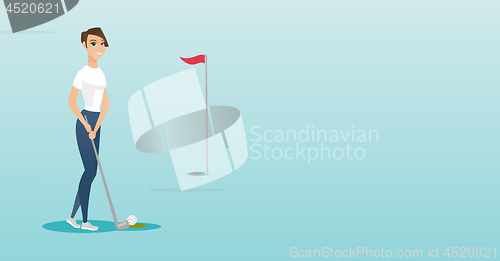 Image of Young caucasian golfer hitting a ball.