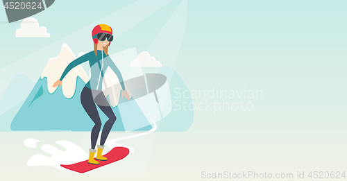 Image of Young caucasian woman snowboarding.
