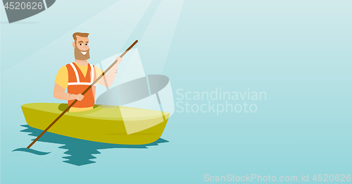 Image of Young caucasian man travelling by kayak.