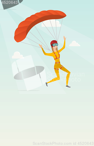 Image of Young caucasian skydiver flying with a parachute.